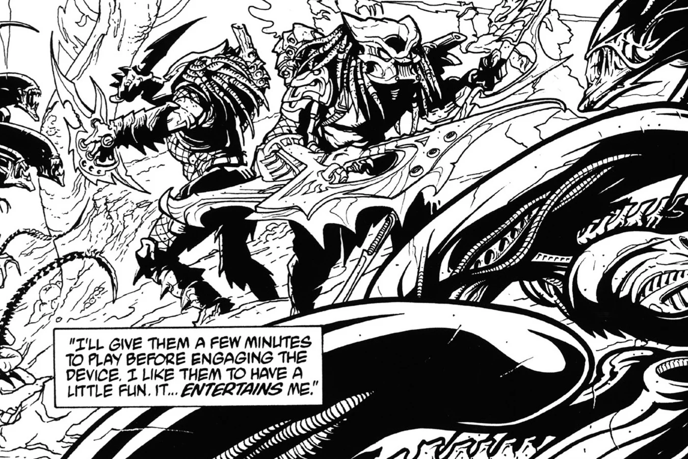 Yautja hunters fighting Xenomorphs on the ground outside Sheldon's complex