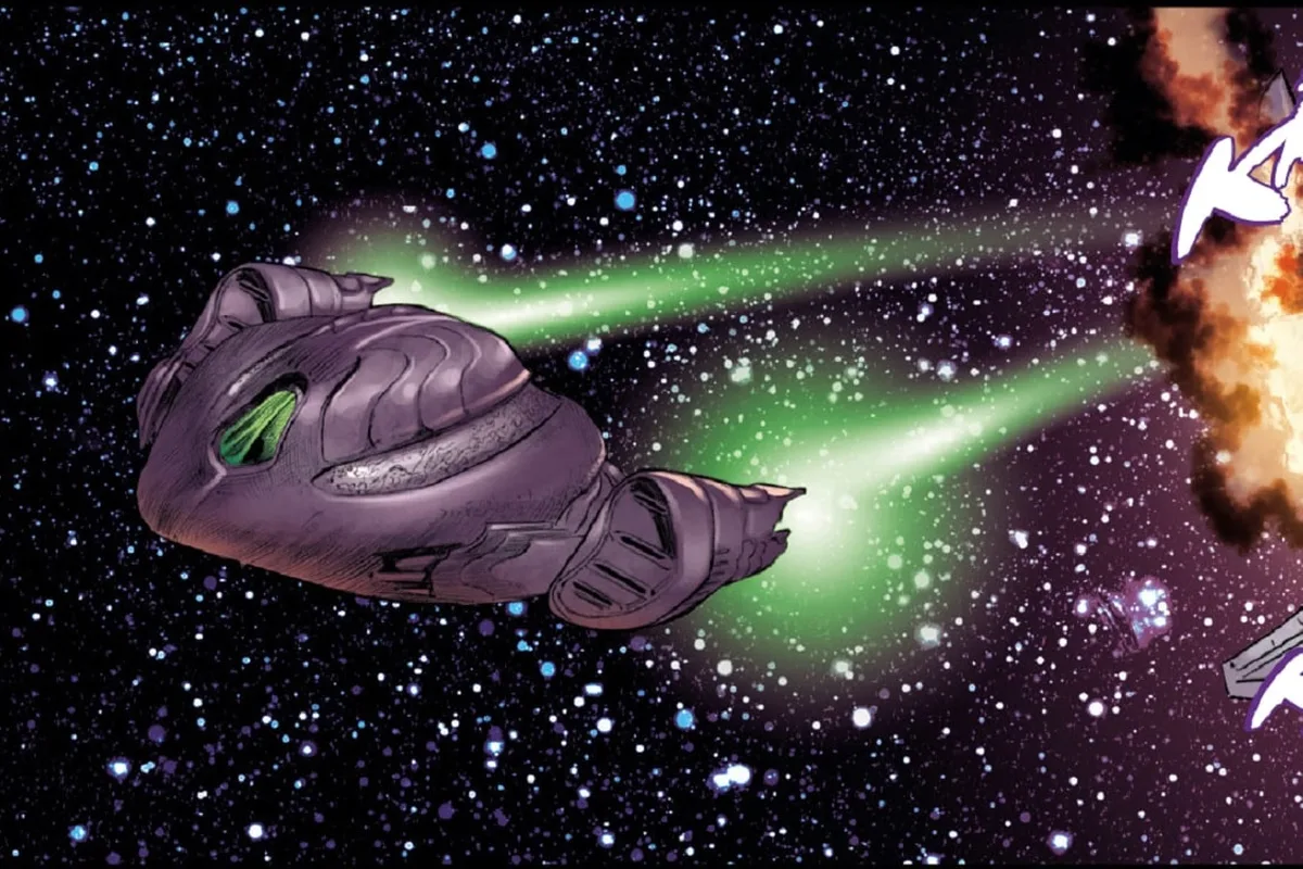 A Yautja ship fires on the luxury liner USSC Double Down