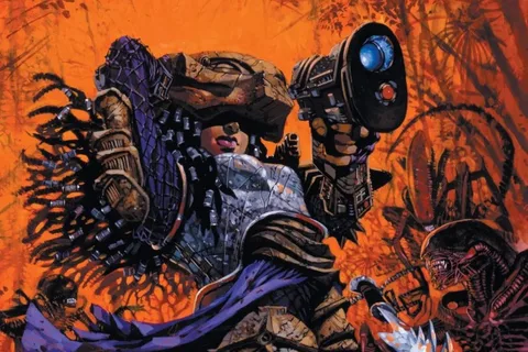 Duncan Fegredo's War painting, Machiko Noguchi in hunter armor in a jungle of Xenomorphs