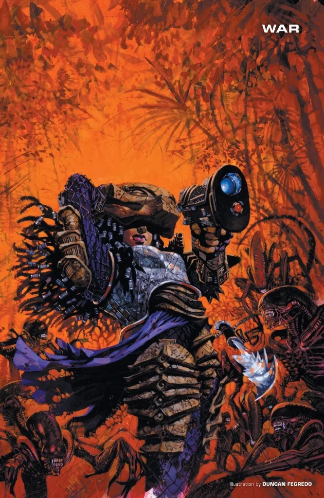 Duncan Fegredo's War painting, Machiko Noguchi in hunter armor in a jungle of Xenomorphs