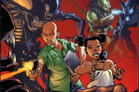 Hughes Labiano's cover for Aliens vs. Predator: Xenogenesis #4, Charley and Elliot between a Yautja and Xenomorphs