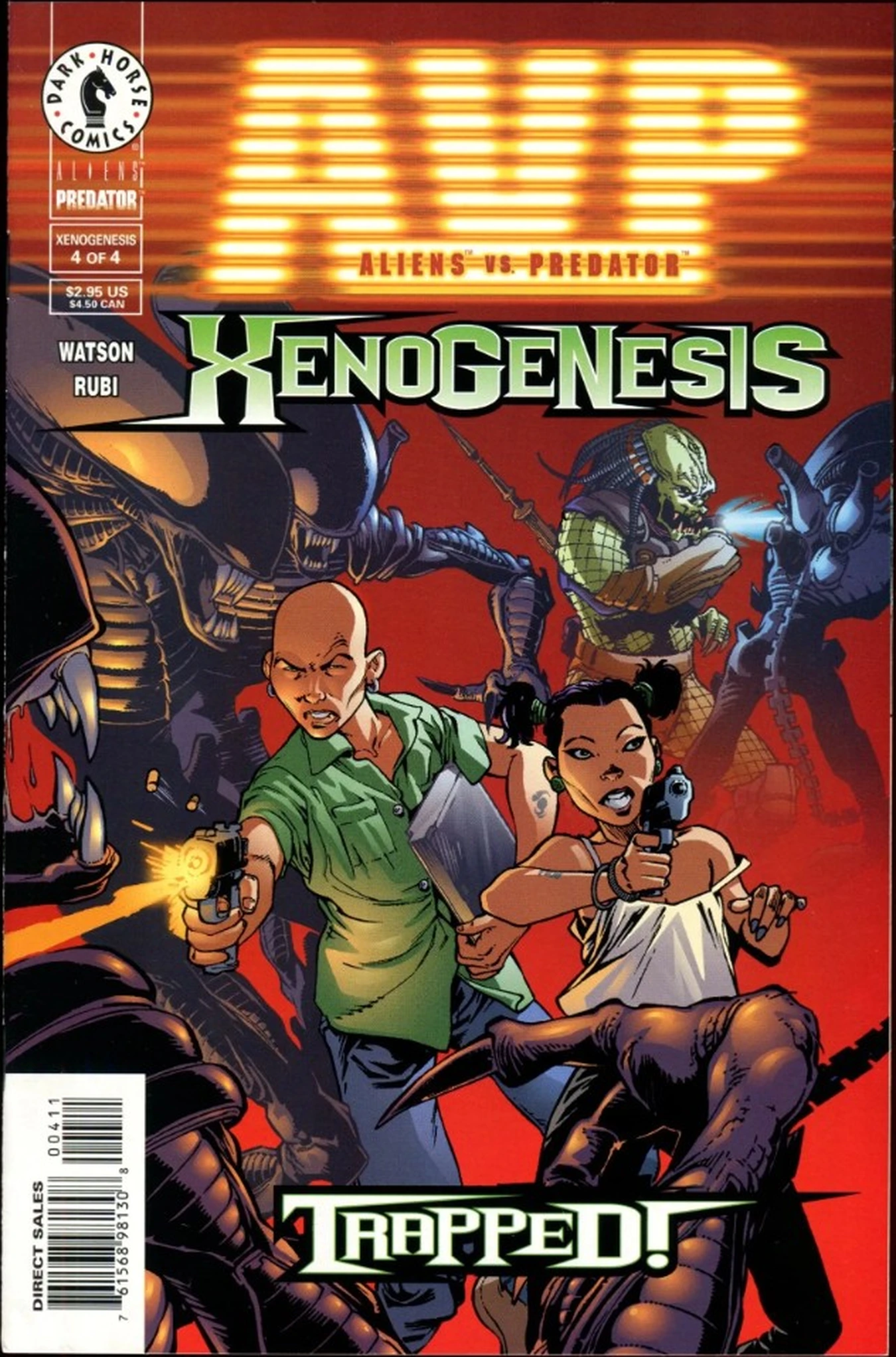 Hughes Labiano's cover for Aliens vs. Predator: Xenogenesis #4, Charley and Elliot between a Yautja and Xenomorphs