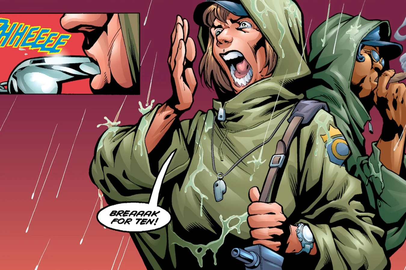 A guard at a Weyland-Yutani prison colony blows a whistle and calls a break in the rain