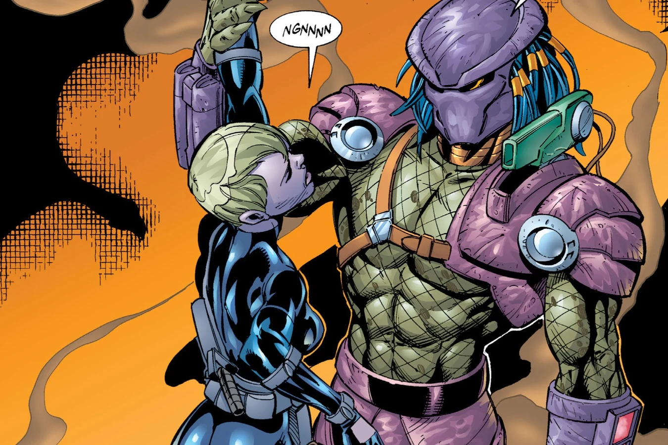 A Yautja hauls an armored woman off the floor by one arm