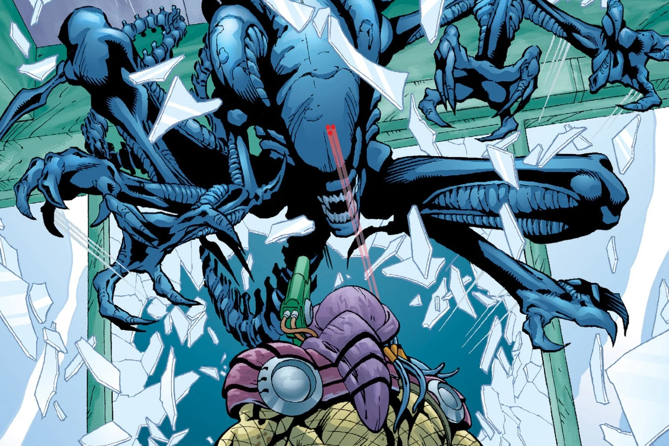 A Yautja meets a Xenomorph coming through a window, with a red sight on the creature