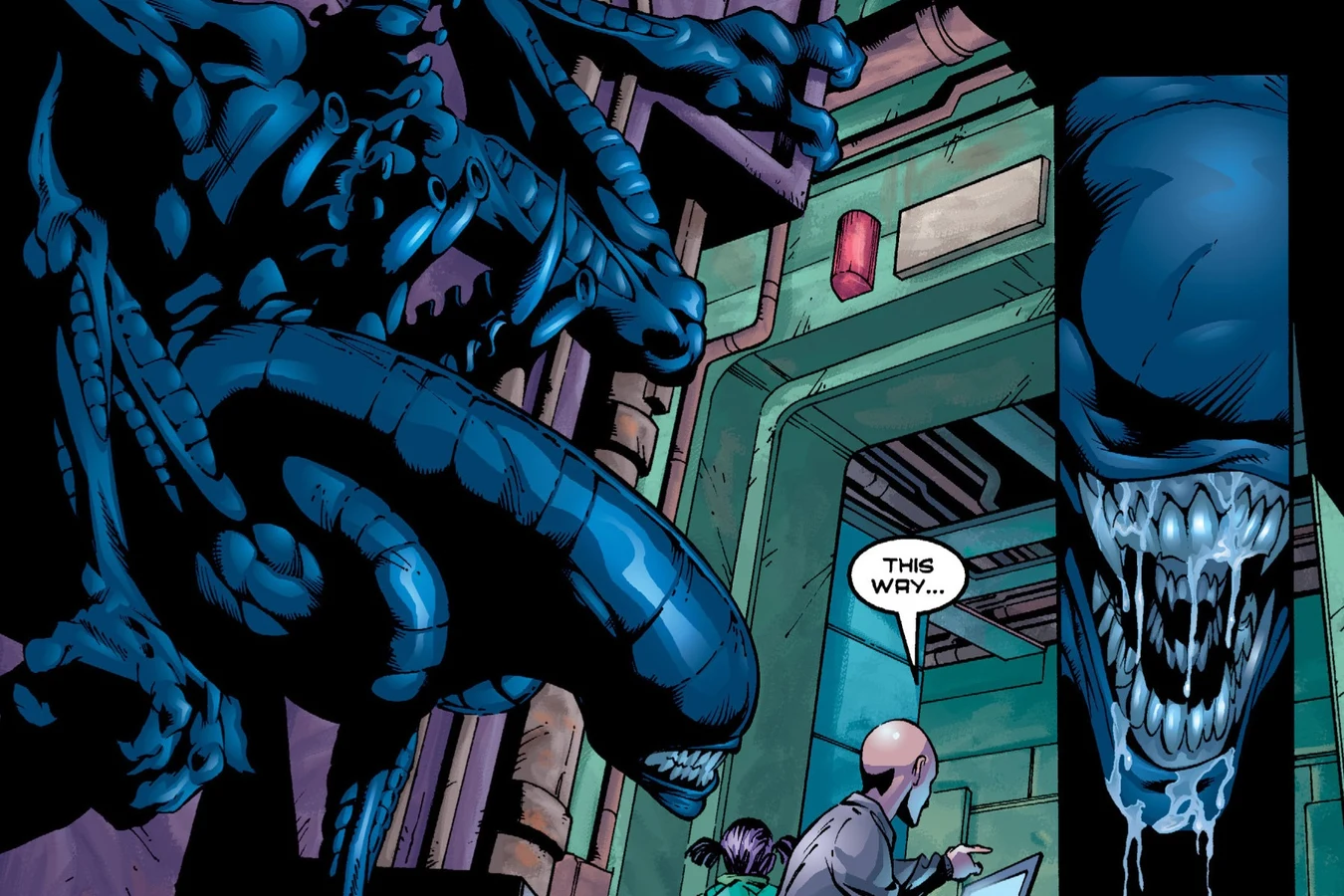 Adult Xenomorphs loom over Elliot and Charley in a Biotech corridor
