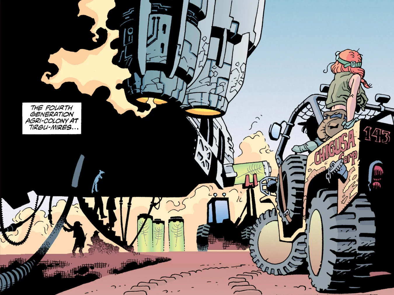 Hope on a Chigusa rover beside the harvester at Tirgu-Mires in Aliens: Wraith