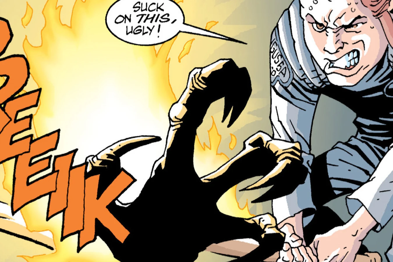 Roark burning the Wraith's claw with a torch in Aliens: Wraith