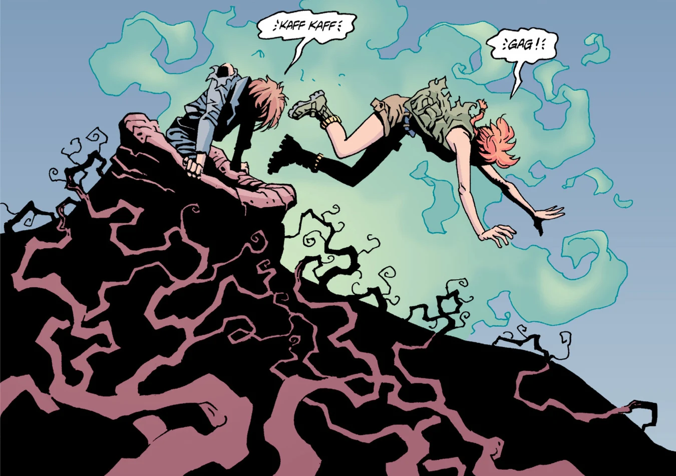 Roark and Hope tumbling clear of the cave in Aliens: Wraith