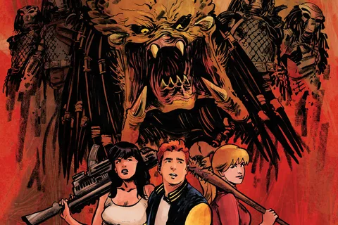 Robert Hack's cover for Archie vs. Predator II #1, a snarling Predator and its hunters looming over Veronica with a rifle, Archie, and Betty with a baseball bat