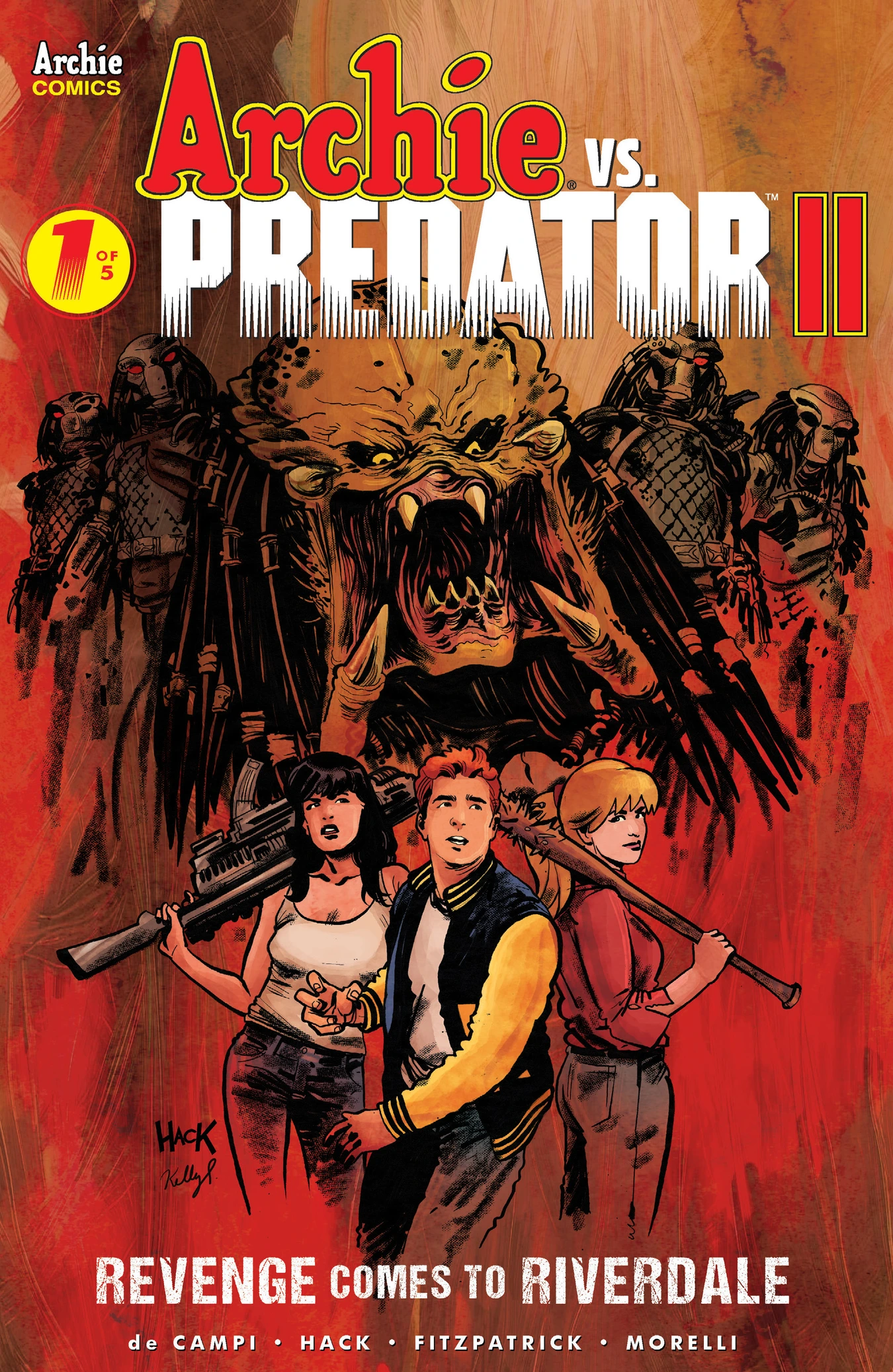 Robert Hack's cover for Archie vs. Predator II #1, a snarling Predator and its hunters looming over Veronica with a rifle, Archie, and Betty with a baseball bat