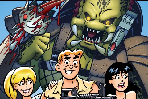 Fernando Ruiz's collection cover for Archie vs. Predator, the Predator's head looming over Archie, Veronica, Betty, Jughead, and Reggie on the beach