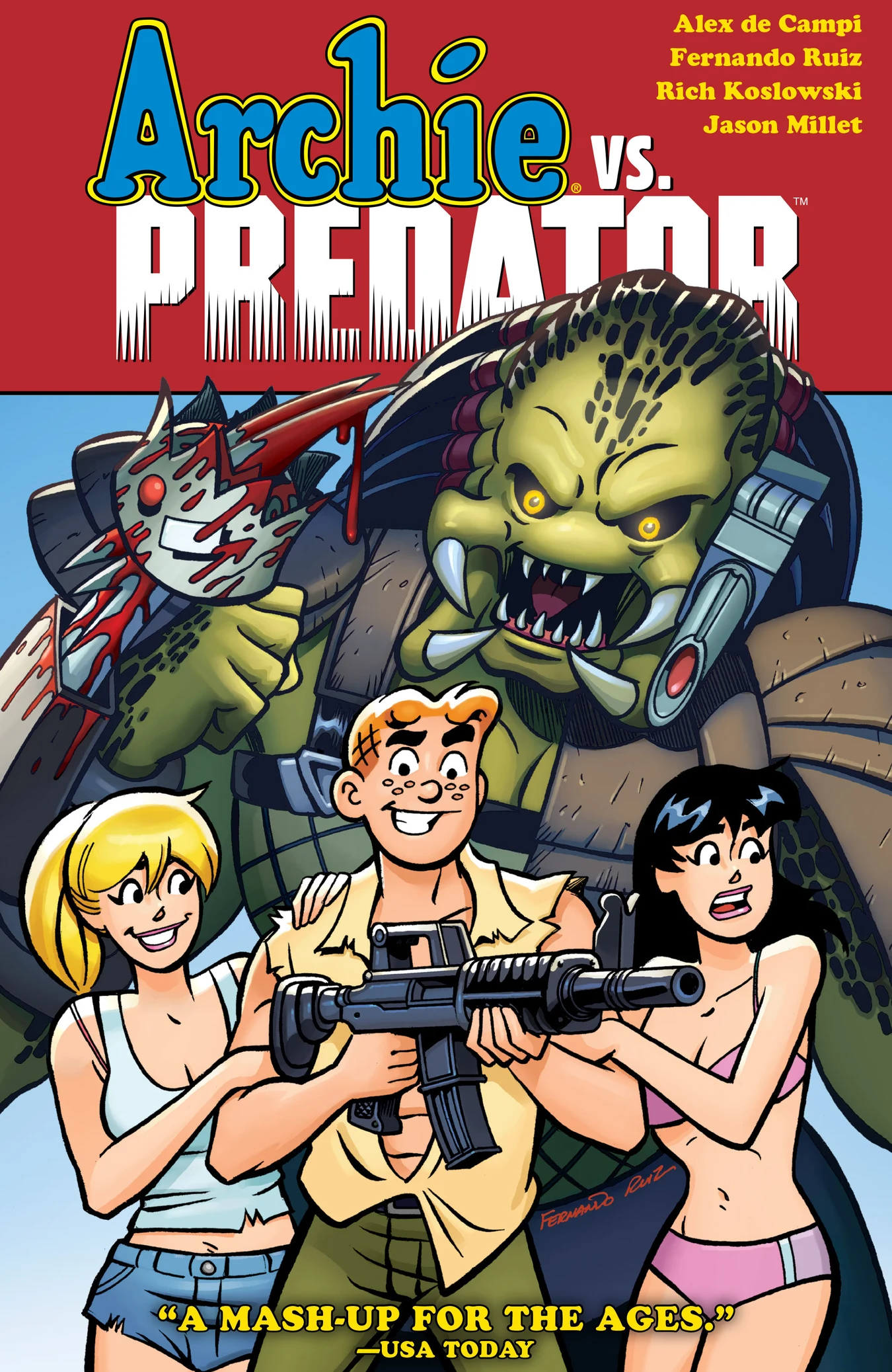 Fernando Ruiz's collection cover for Archie vs. Predator, the Predator's head looming over Archie, Veronica, Betty, Jughead, and Reggie on the beach