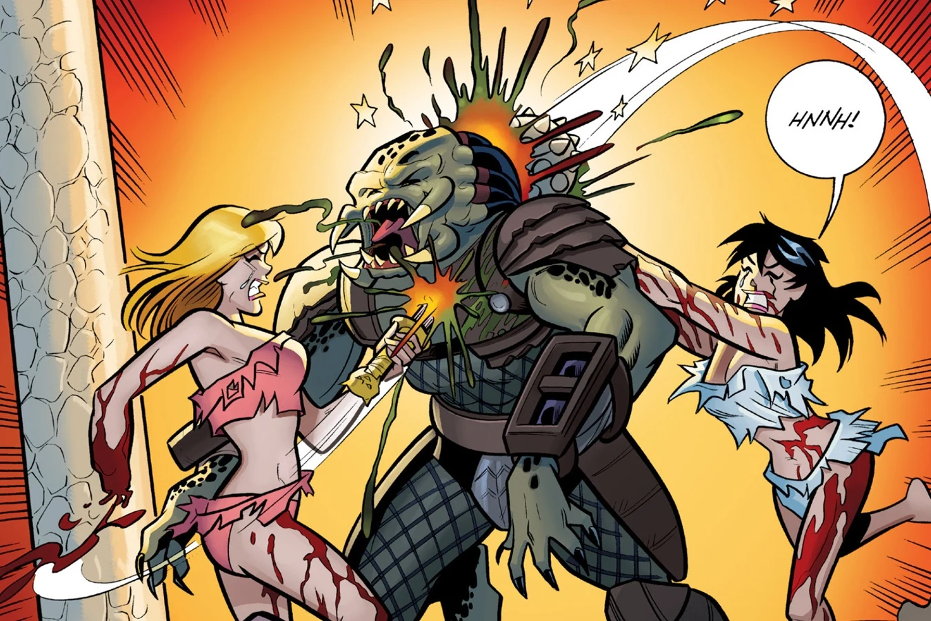 Betty stabbing the Predator with the jaguar dagger while Veronica swung a mace at its head