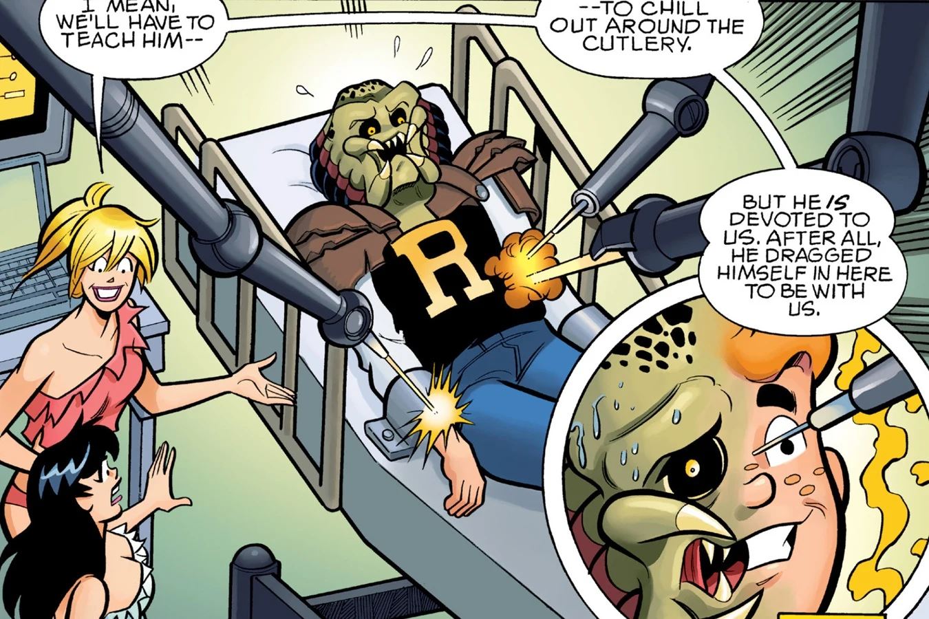 Betty and Veronica beside the Predator rebuilt with Archie's red hair, freckles, and R sweater