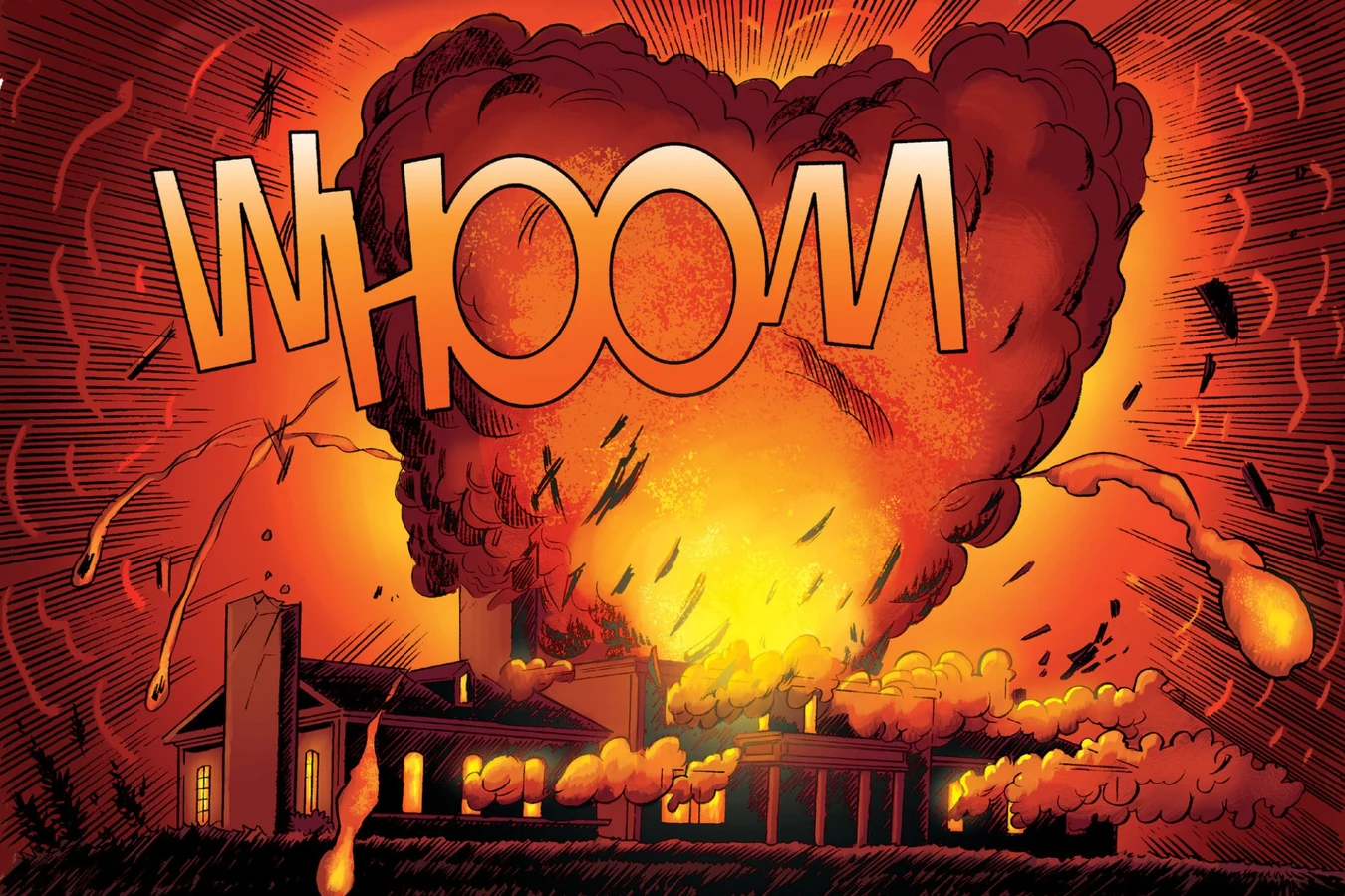 Lodge Manor exploding in a heart-shaped fireball against the night sky