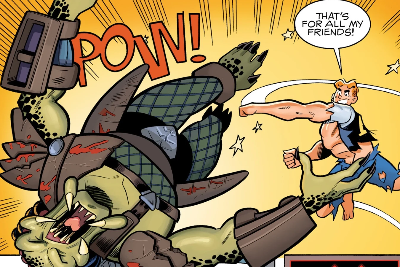 A hugely muscled Archie punching the Predator in the face inside the Lodge Manor panic room
