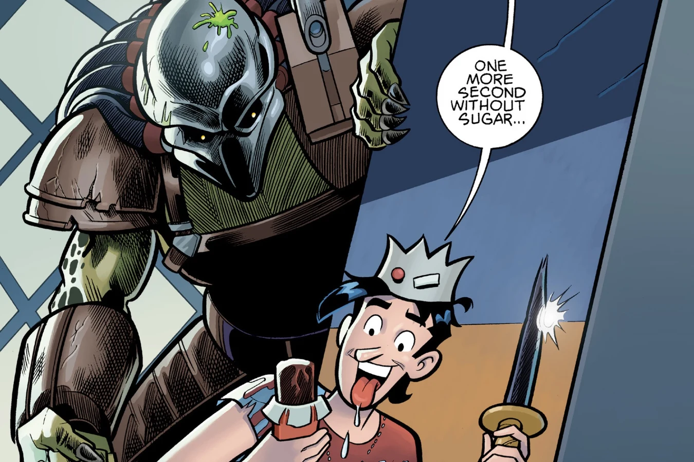 The Predator looming behind Jughead as he ate a candy bar beside the school vending machine