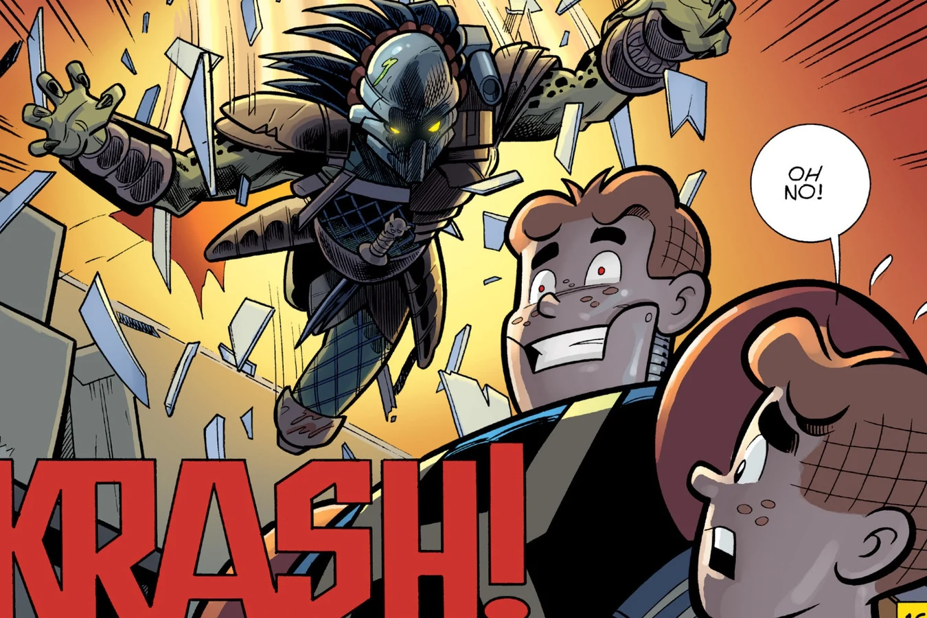 The Predator crashing through the window of Dilton's A.V. room toward the giant Robot Archie