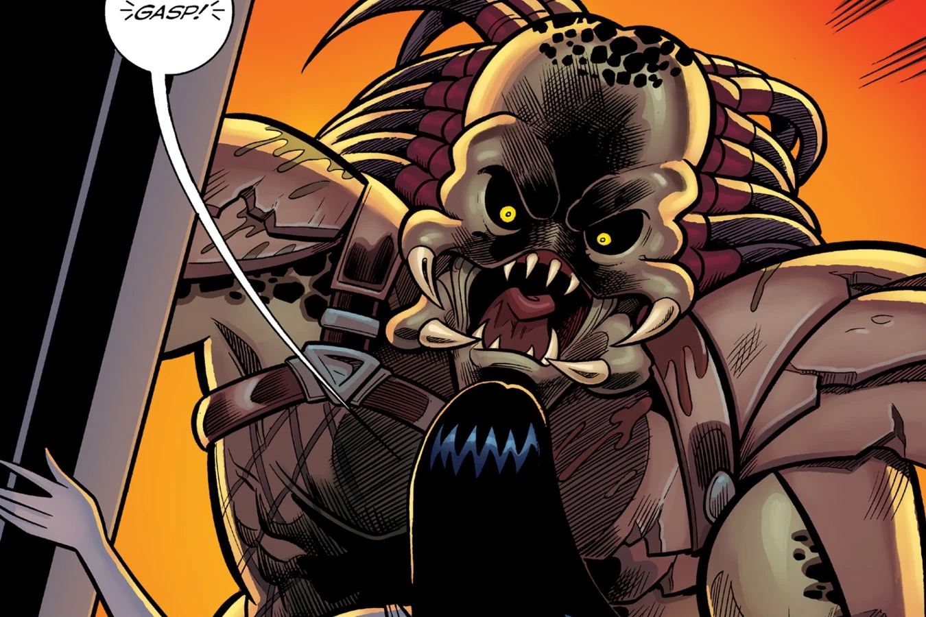 The Predator looming over Veronica in her evening dress inside Lodge Manor