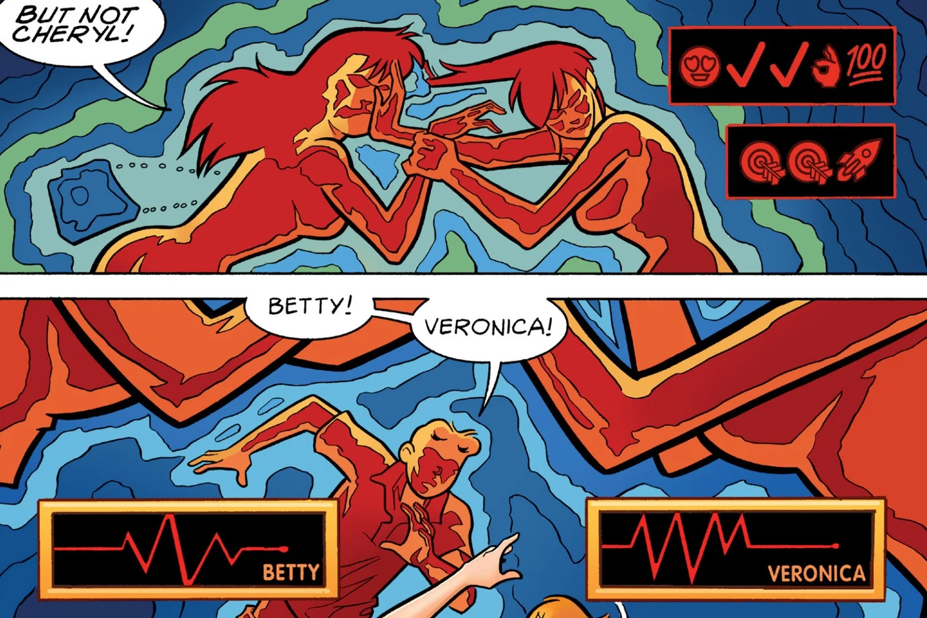 The Predator's red and yellow thermal view locking onto Betty and Veronica as they fought on the beach