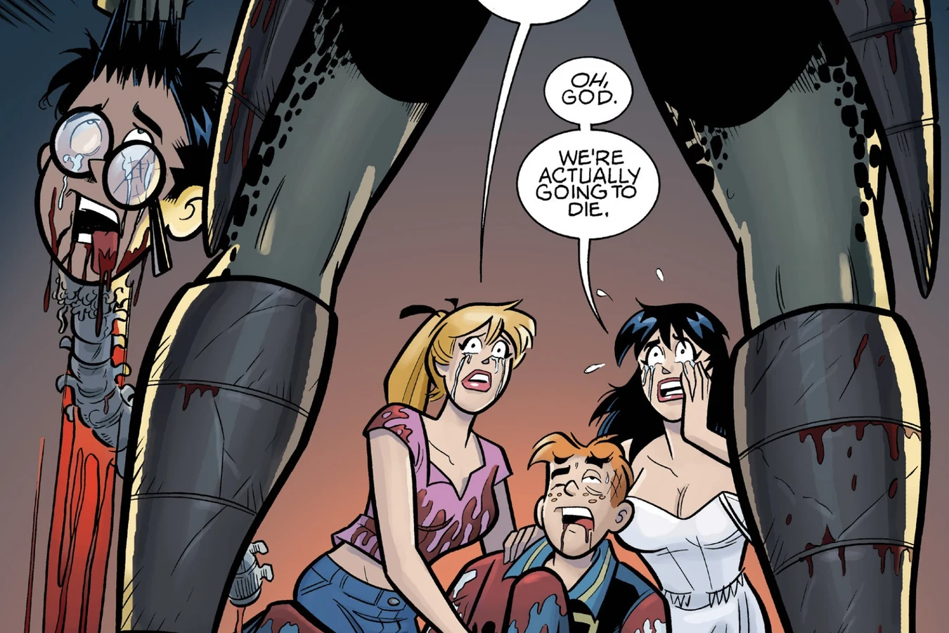 The Predator towering over the wounded Archie, Betty, and Veronica in the ruined A.V. room