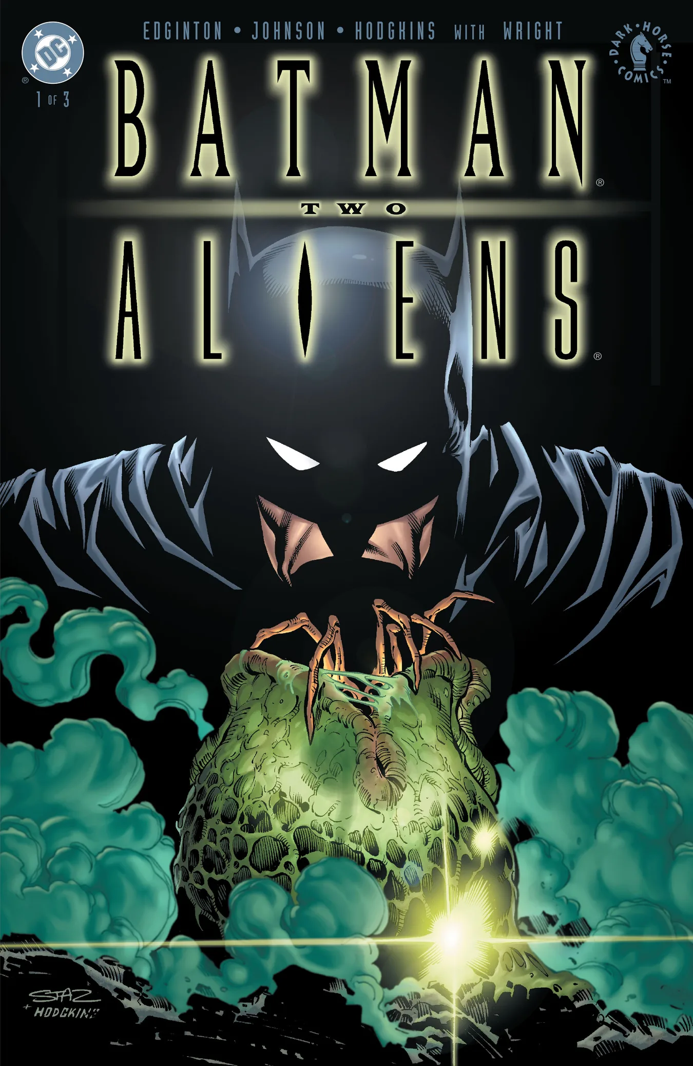 Staz Johnson's cover for Batman/Aliens II #1, Batman looming over an opening Xenomorph egg