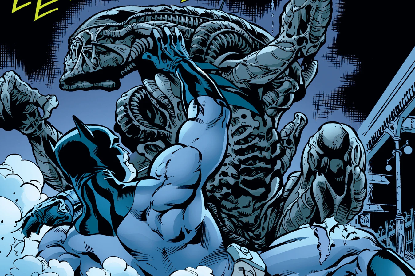 Batman grappling with a Xenomorph on the abandoned subway platform in Batman/Aliens II