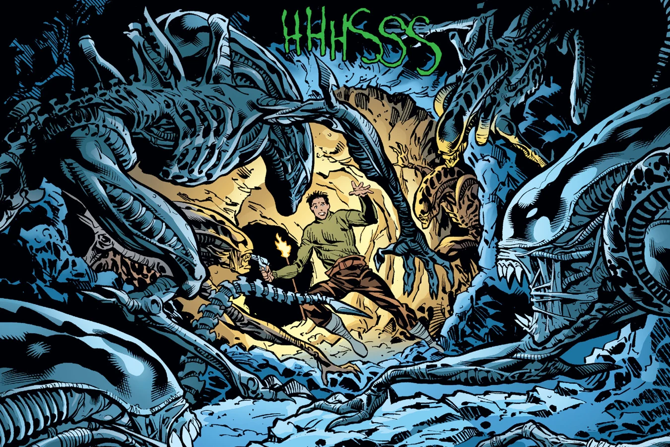 A survivor of the 1928 expedition with a pistol and a torch, surrounded by Xenomorphs in the caves beneath Mount Erebus in Batman/Aliens II