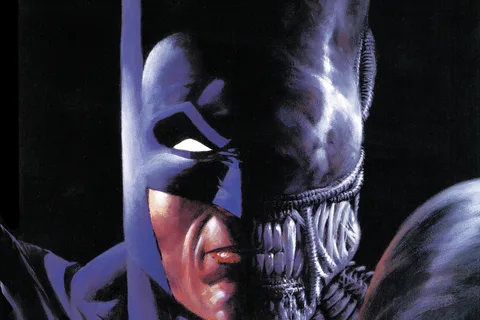 Bernie Wrightson's cover for Batman/Aliens #1, Batman's face merging into the head of a Xenomorph