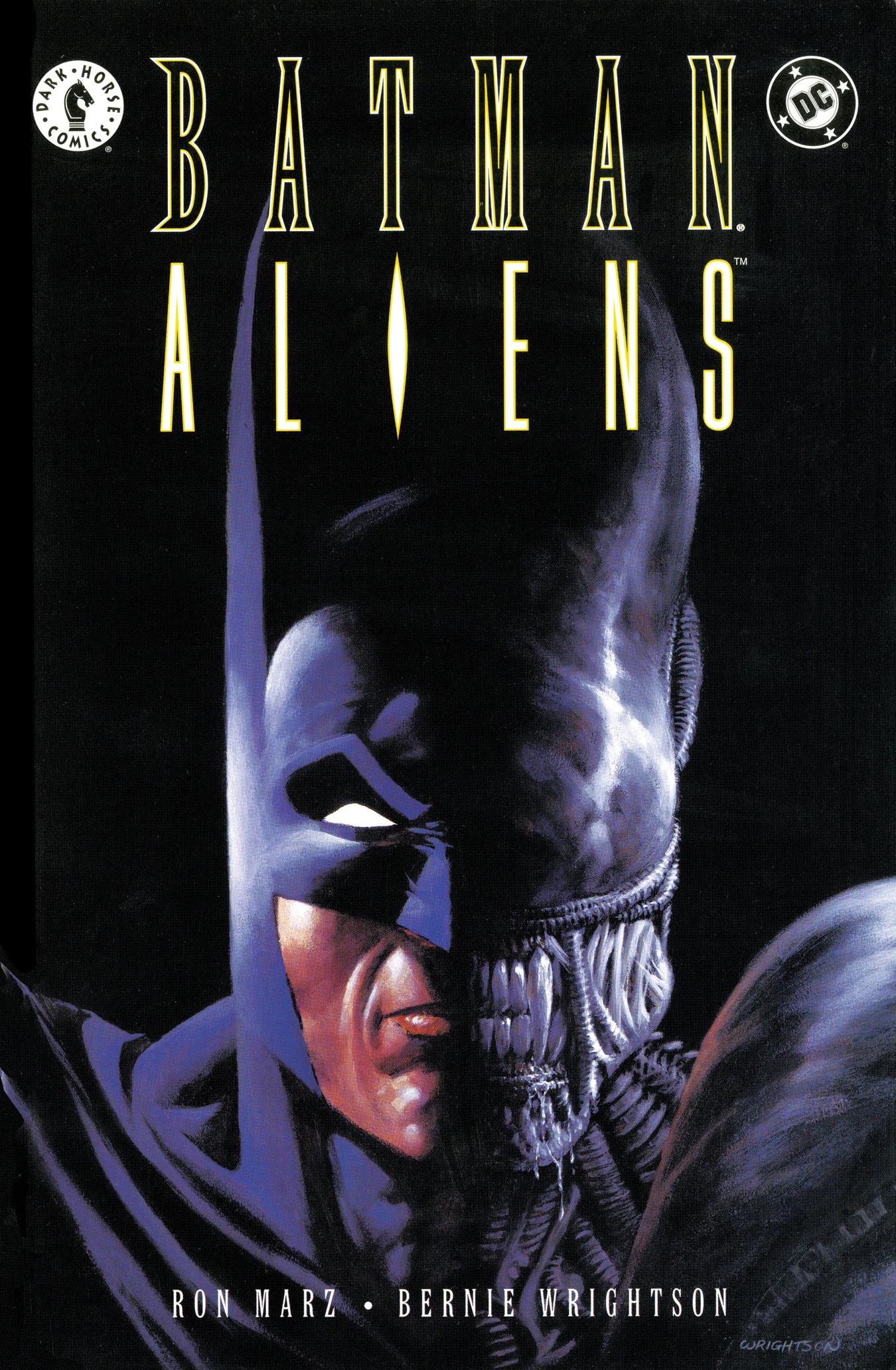 Bernie Wrightson's cover for Batman/Aliens #1, Batman's face merging into the head of a Xenomorph