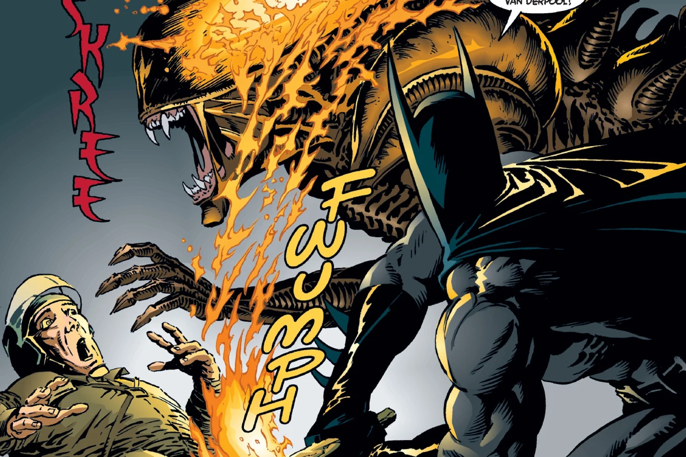 Batman setting a Xenomorph drone on fire with a torch to save Van Derpool in Batman/Aliens