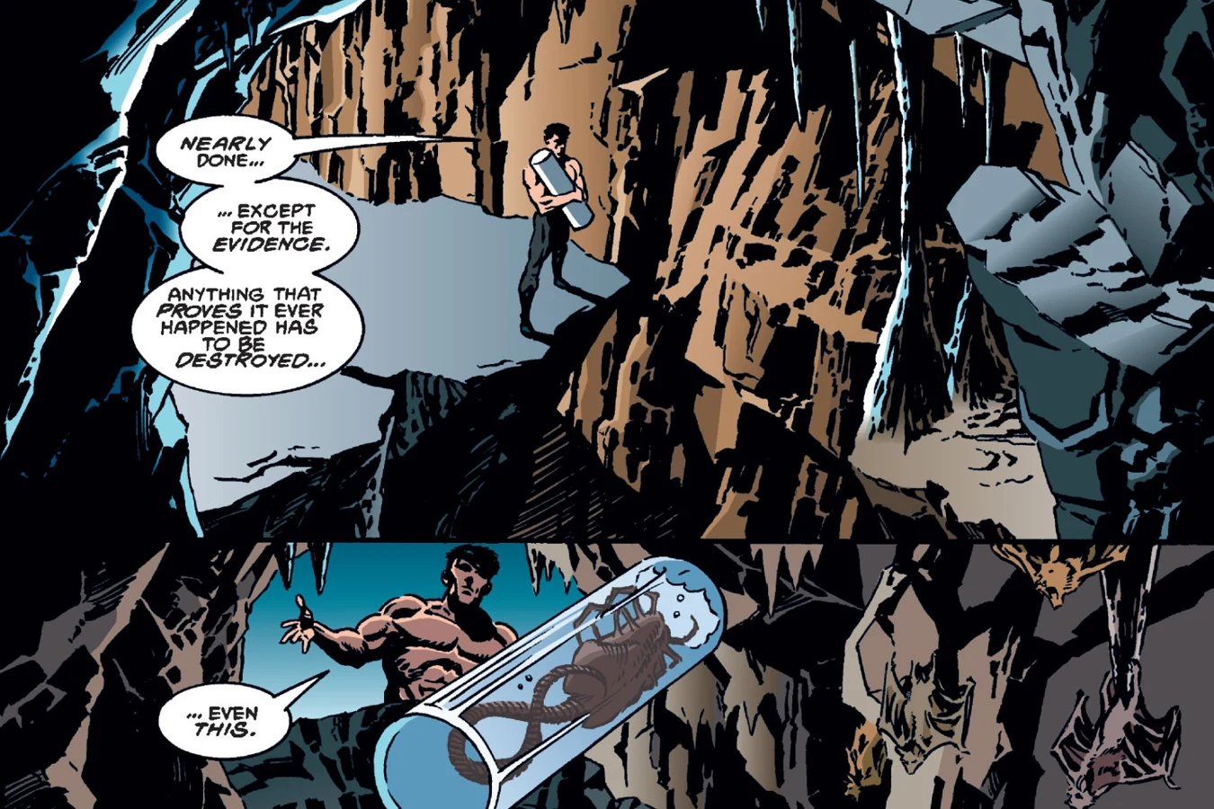 Bruce Wayne carrying a Facehugger specimen jar through the Batcave to destroy it in Batman/Aliens