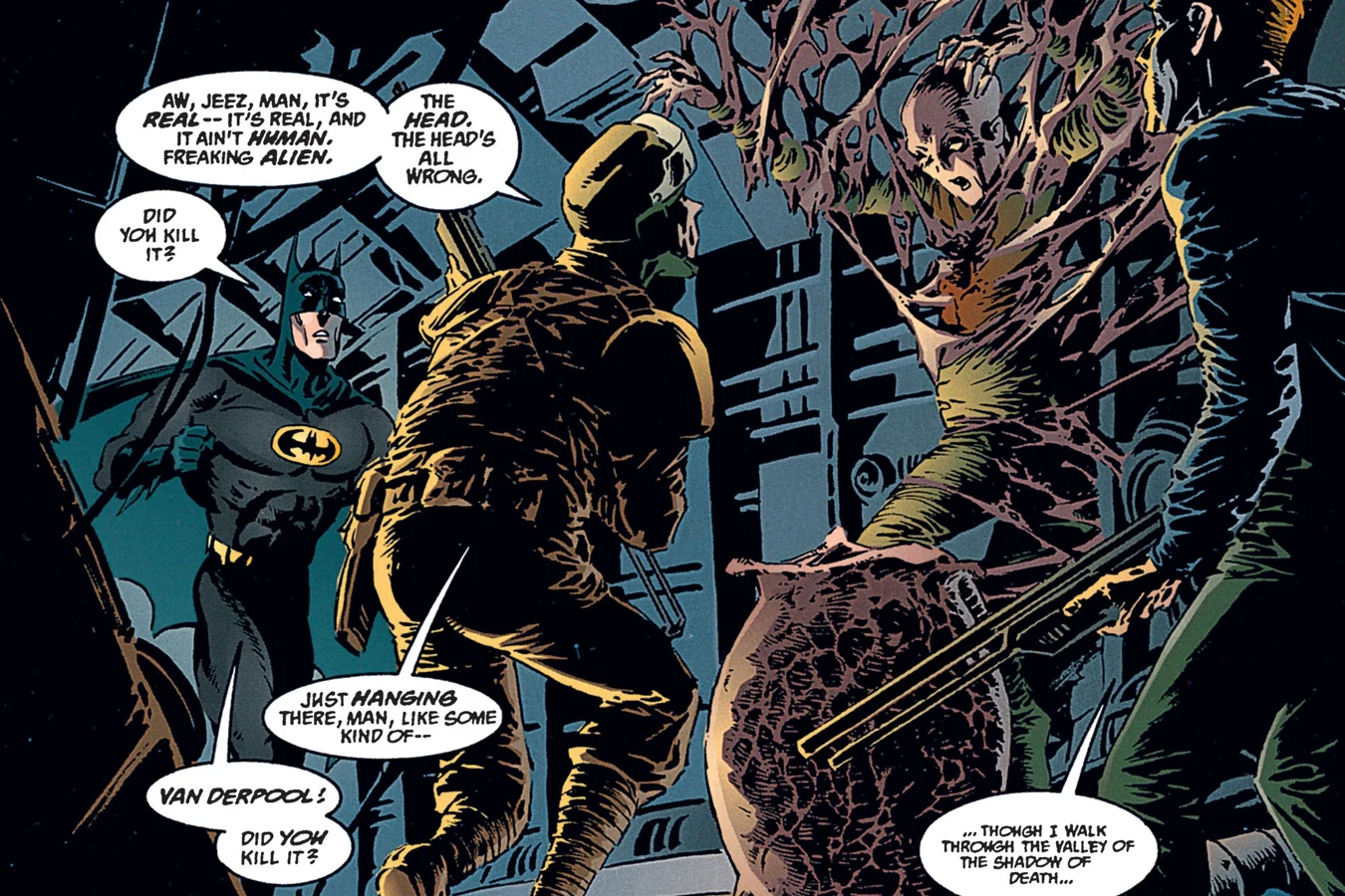 Batman and the soldiers finding a dead alien crew member webbed in resin beside an egg in Batman/Aliens