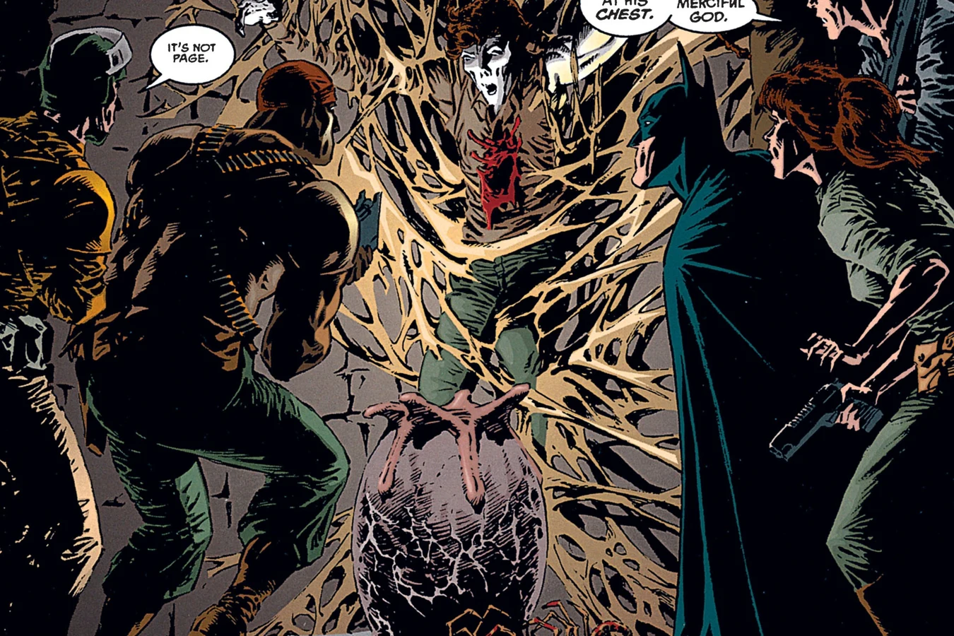 Batman, Hyatt and the soldiers finding Page cocooned in resin above a Xenomorph egg in Batman/Aliens