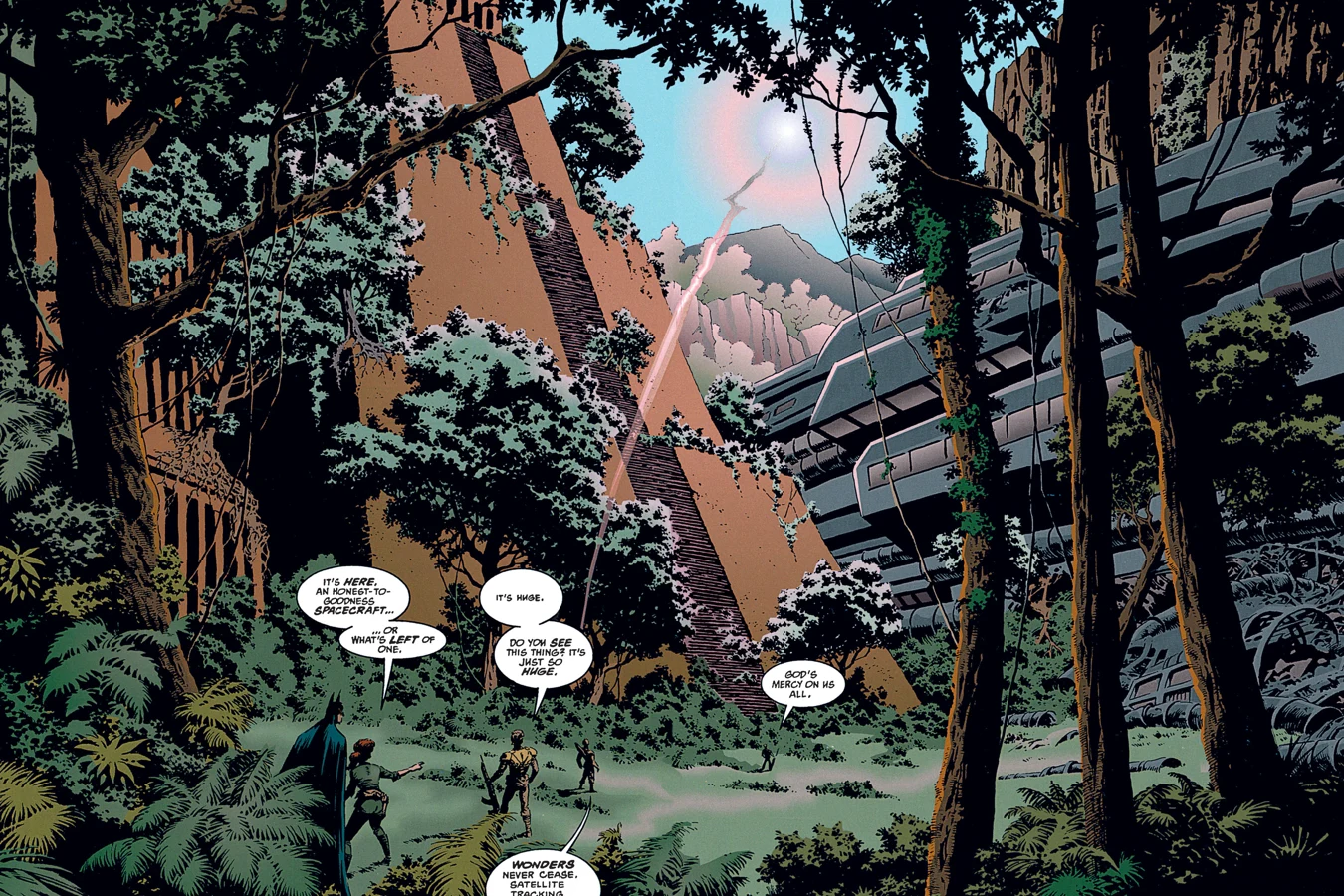 Batman and Dead-Man's Hand reaching the overgrown temple and the crashed spacecraft in the jungle in Batman/Aliens
