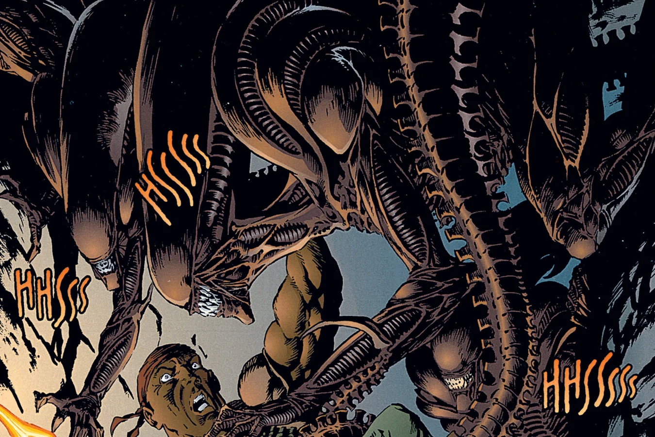 Xenomorph drones swarming down on a terrified soldier in the temple in Batman/Aliens