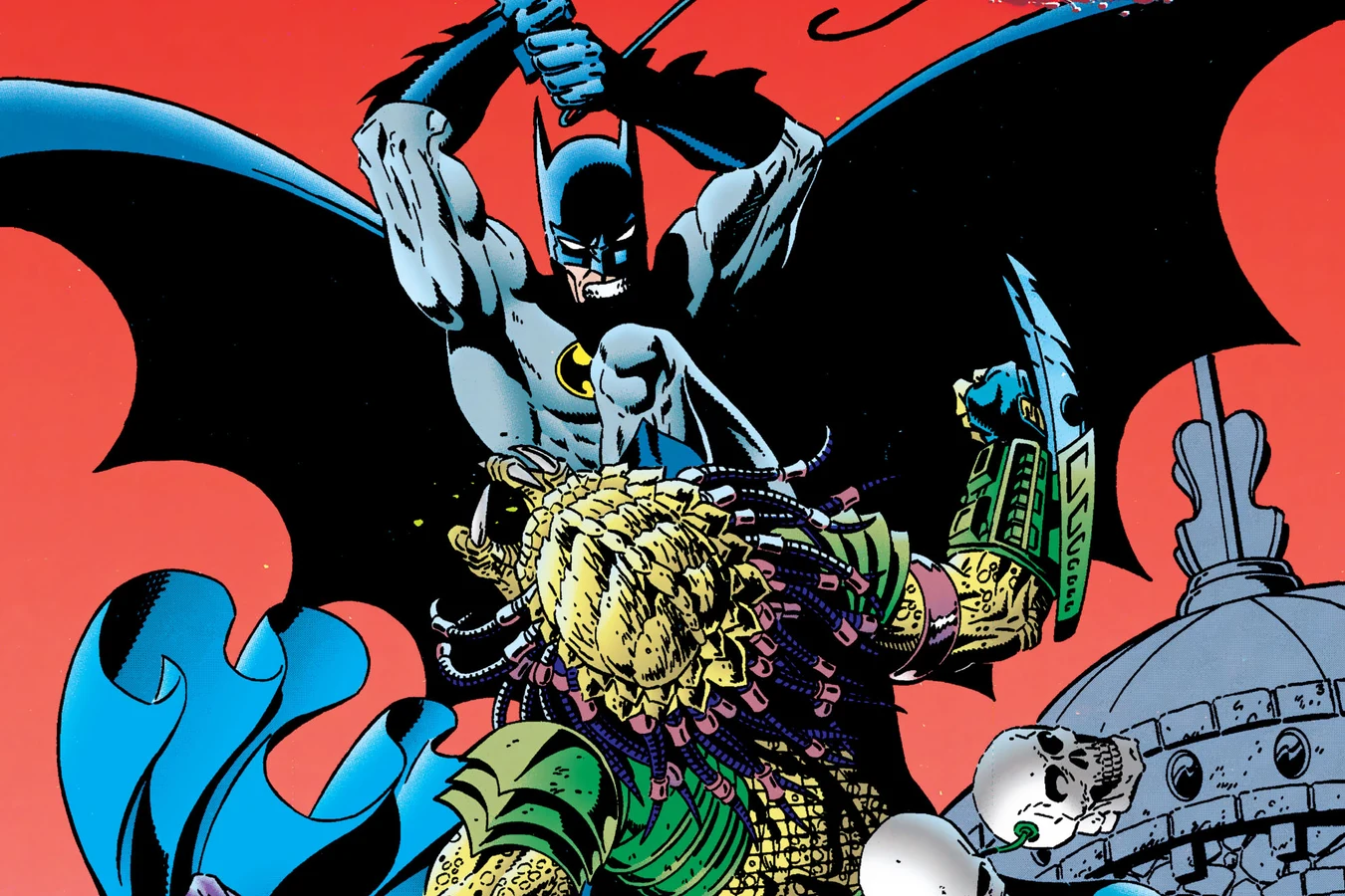 Batman leaping onto the Predator above a domed rooftop while the Huntress falls with her crossbow, art from Batman vs. Predator II: Bloodmatch