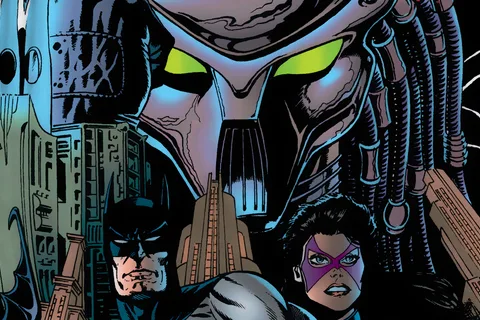 Paul Gulacy's cover for Batman vs. Predator II #1, a Predator mask looming over Batman and the Huntress in Gotham City