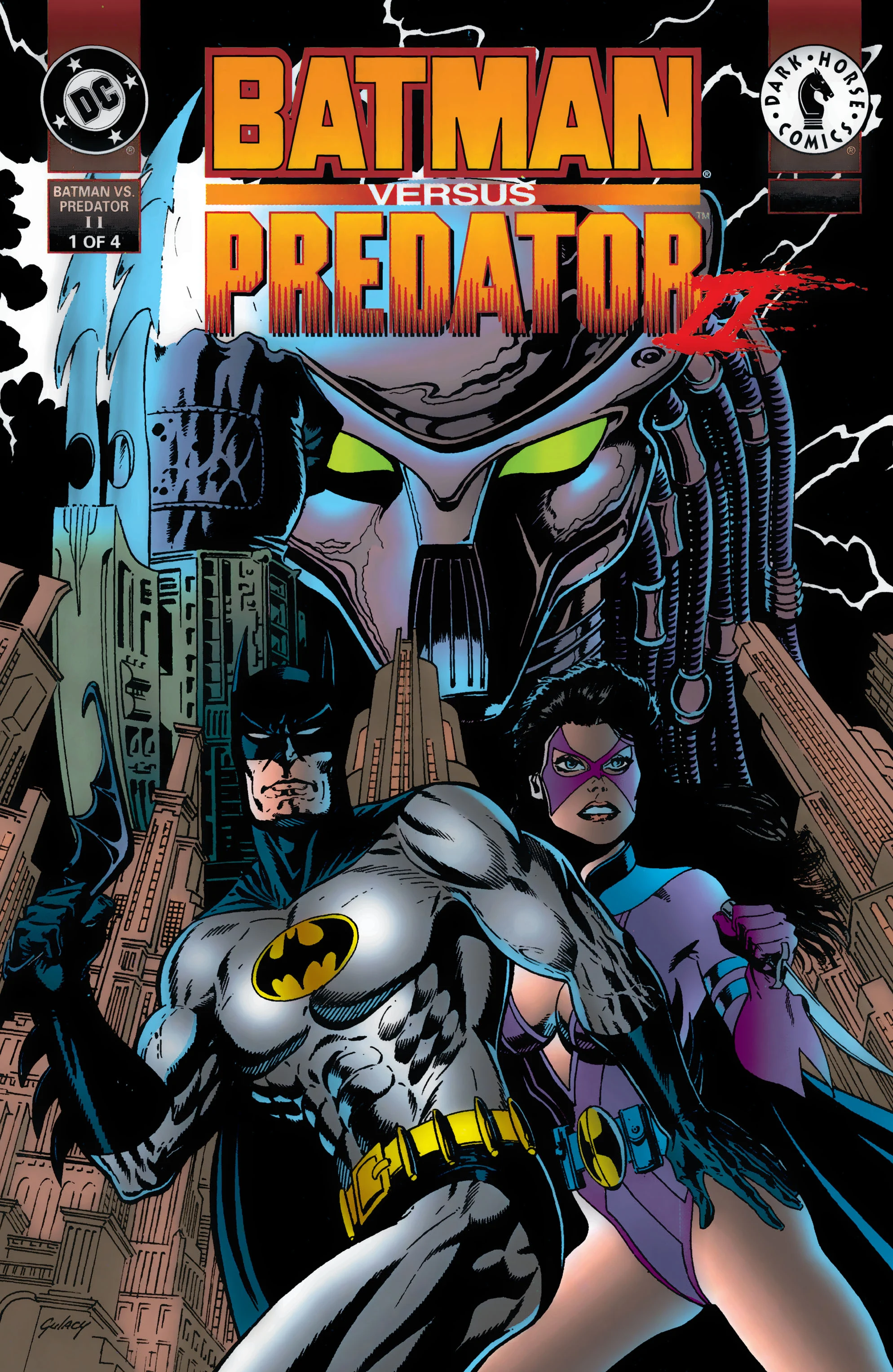 Paul Gulacy's cover for Batman vs. Predator II #1, a Predator mask looming over Batman and the Huntress in Gotham City