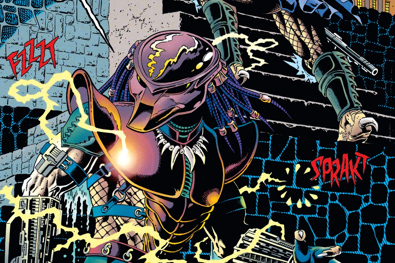Two Enforcer Predators wading out of Gotham River with electricity crackling over their armor, art from Batman vs. Predator II: Bloodmatch