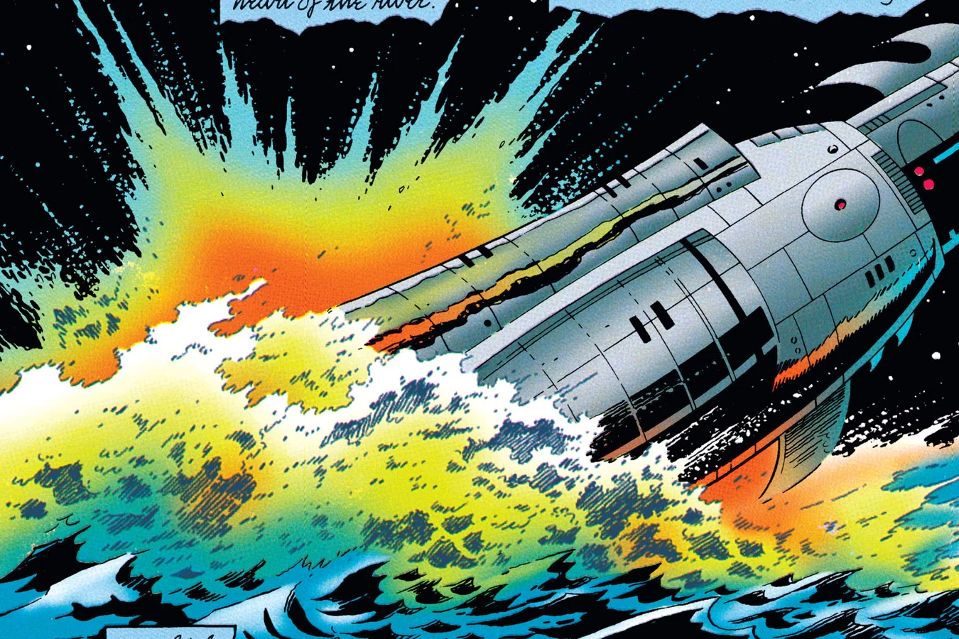 The Enforcer ship bursting from Gotham River in a spray of boiling water, art from Batman vs. Predator II: Bloodmatch