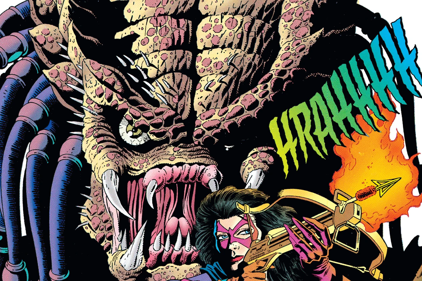 The Huntress firing a flaming crossbow bolt past the roaring, unmasked face of the Predator, art from Batman vs. Predator II: Bloodmatch
