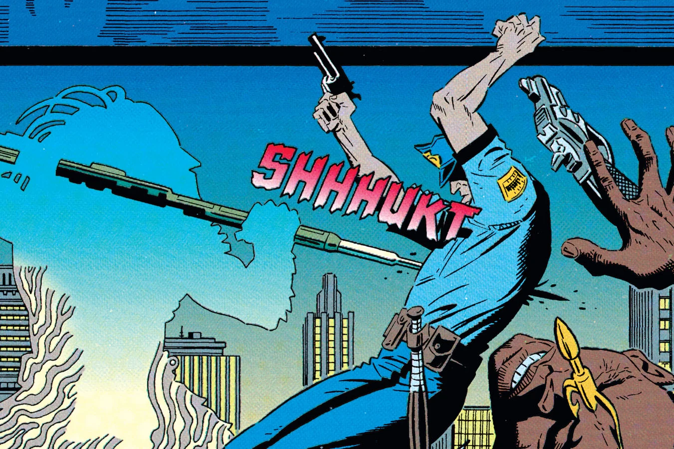 Gotham police officers struck by a thrown Predator spear on the roof of police headquarters, art from Batman vs. Predator II: Bloodmatch