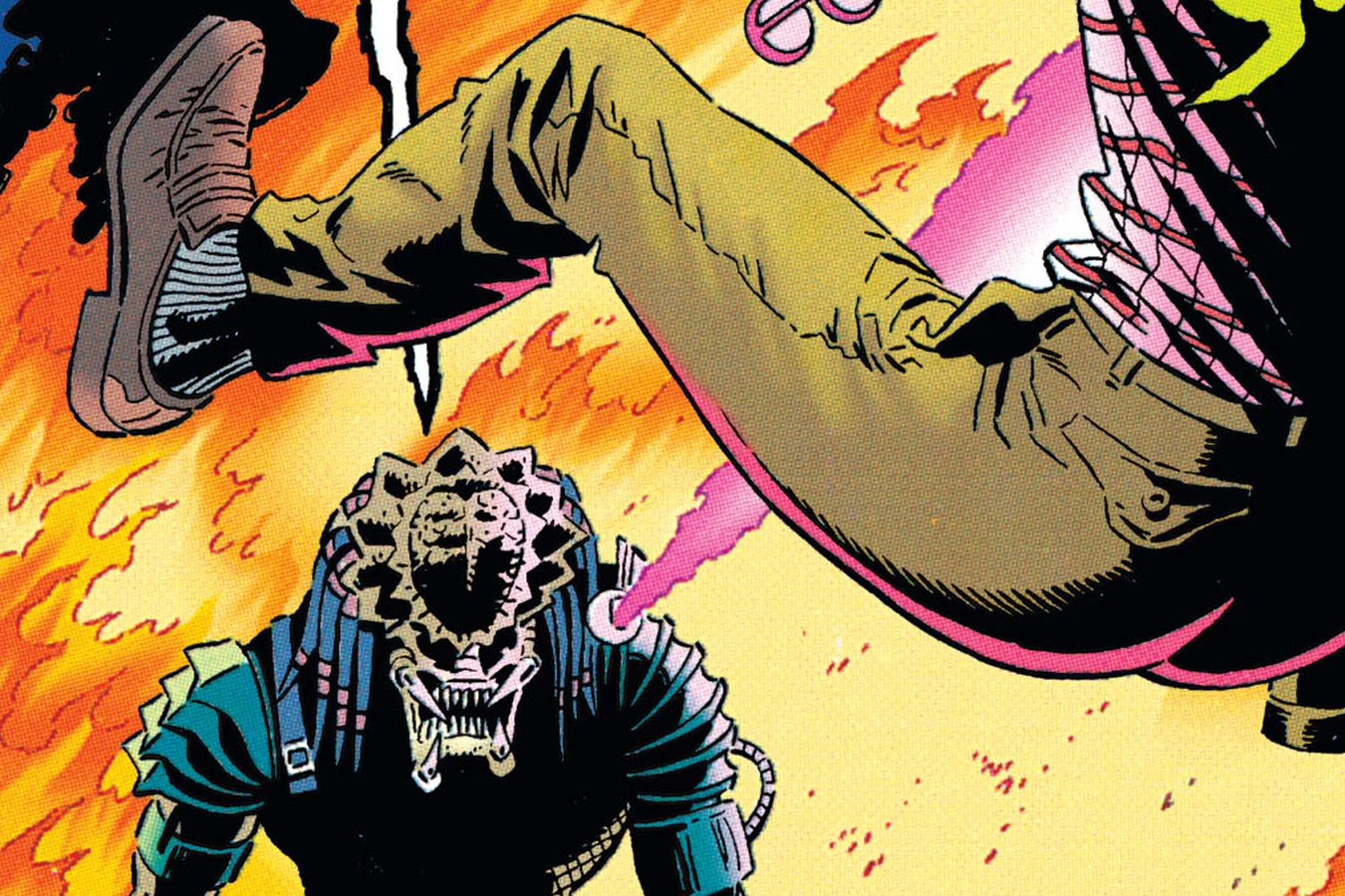 The Predator's plasma blast throwing Twitch into the air amid flames, art from Batman vs. Predator II: Bloodmatch