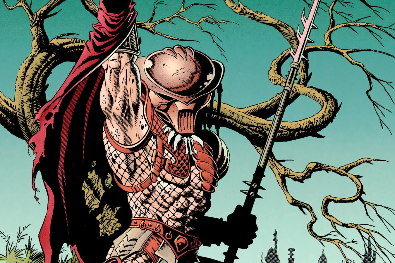 A Predator holding a serrated spear and Batman's torn cape among dead trees, art from Batman vs. Predator II: Bloodmatch