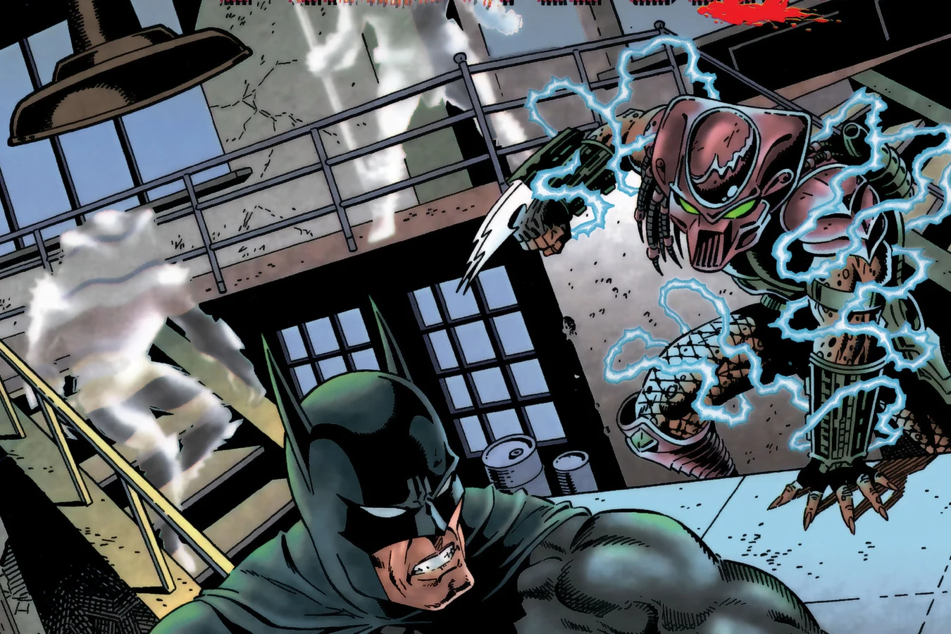 Batman in a warehouse as the Predator decloaks behind him in a burst of blue electricity, art from Batman vs. Predator II: Bloodmatch