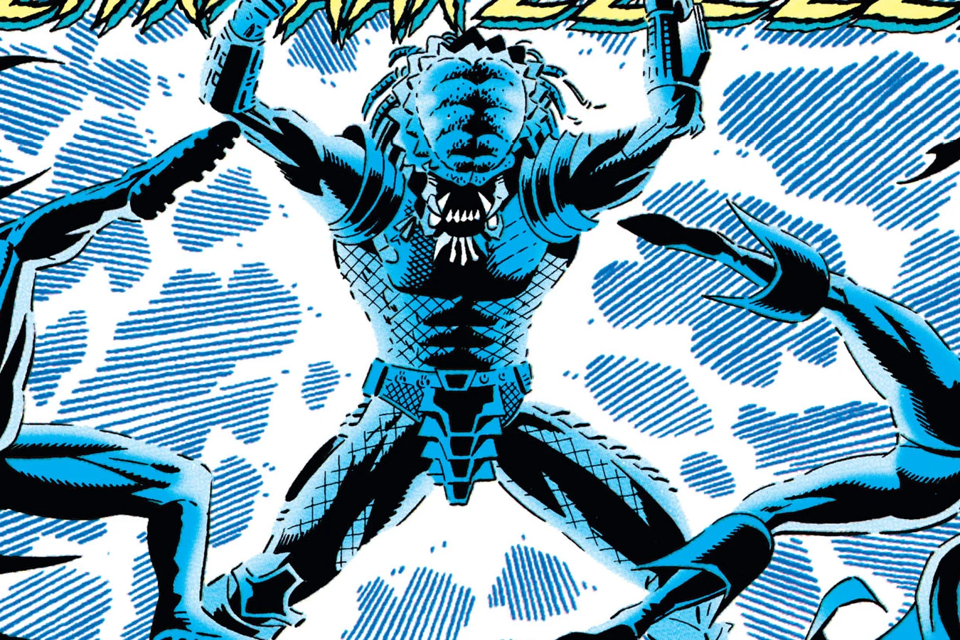 The Predator surging with an electric energy discharge that throws Batman and the Huntress back, art from Batman vs. Predator II: Bloodmatch