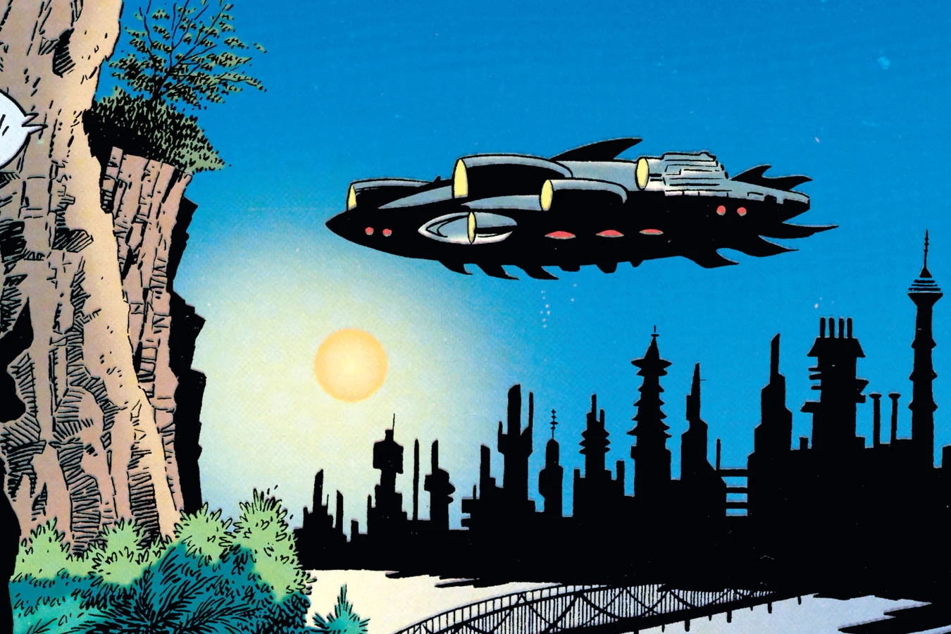 A Predator ship flying over the river toward the Gotham City skyline at dawn, art from Batman vs. Predator II: Bloodmatch
