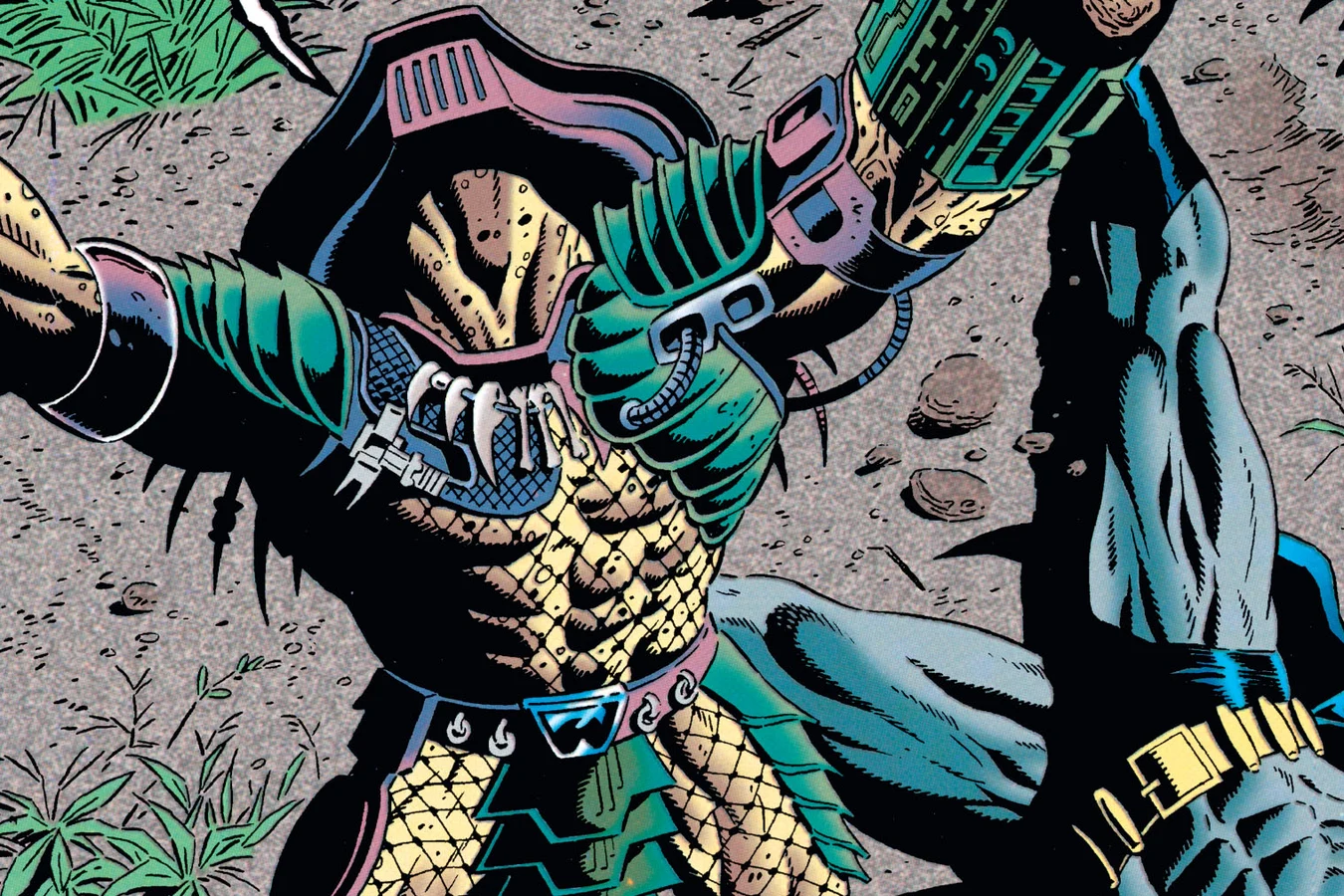 The Predator roaring over the fallen Batman in the Palisades woods, art from Batman vs. Predator II: Bloodmatch